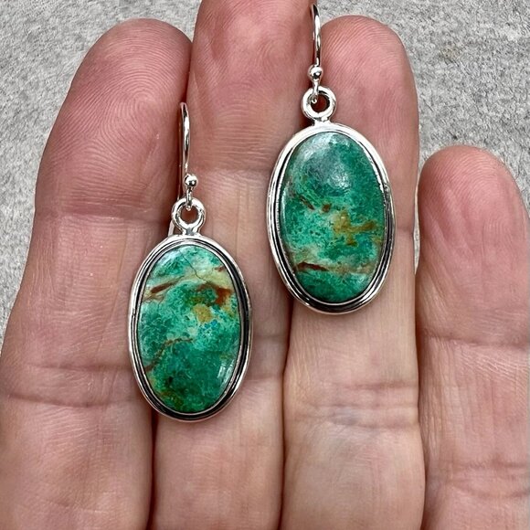 Sundance $188 NEW 1.5” Green Turquoise Sterling Silver Handmade Oval Earrings - Picture 1 of 11